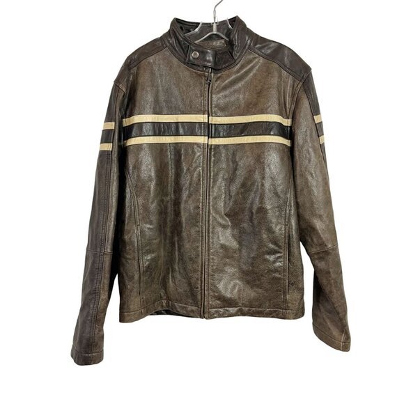 Roundtree & Yorke Other - Roundtree & Yorke Brown Leather Striped Jacket Racing Biker Pockets Size Medium
